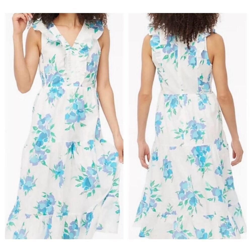 J. Crew Factory White Midi Dress with Blue & Green Floral Print